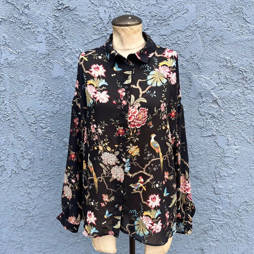 GP & J Baker x H&M Blouse Womens Floral Bird Print Size 10 Whimsical fairycore